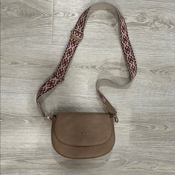 Tan Crossbody Bag with Patterned Strap - Picture 1 of 5